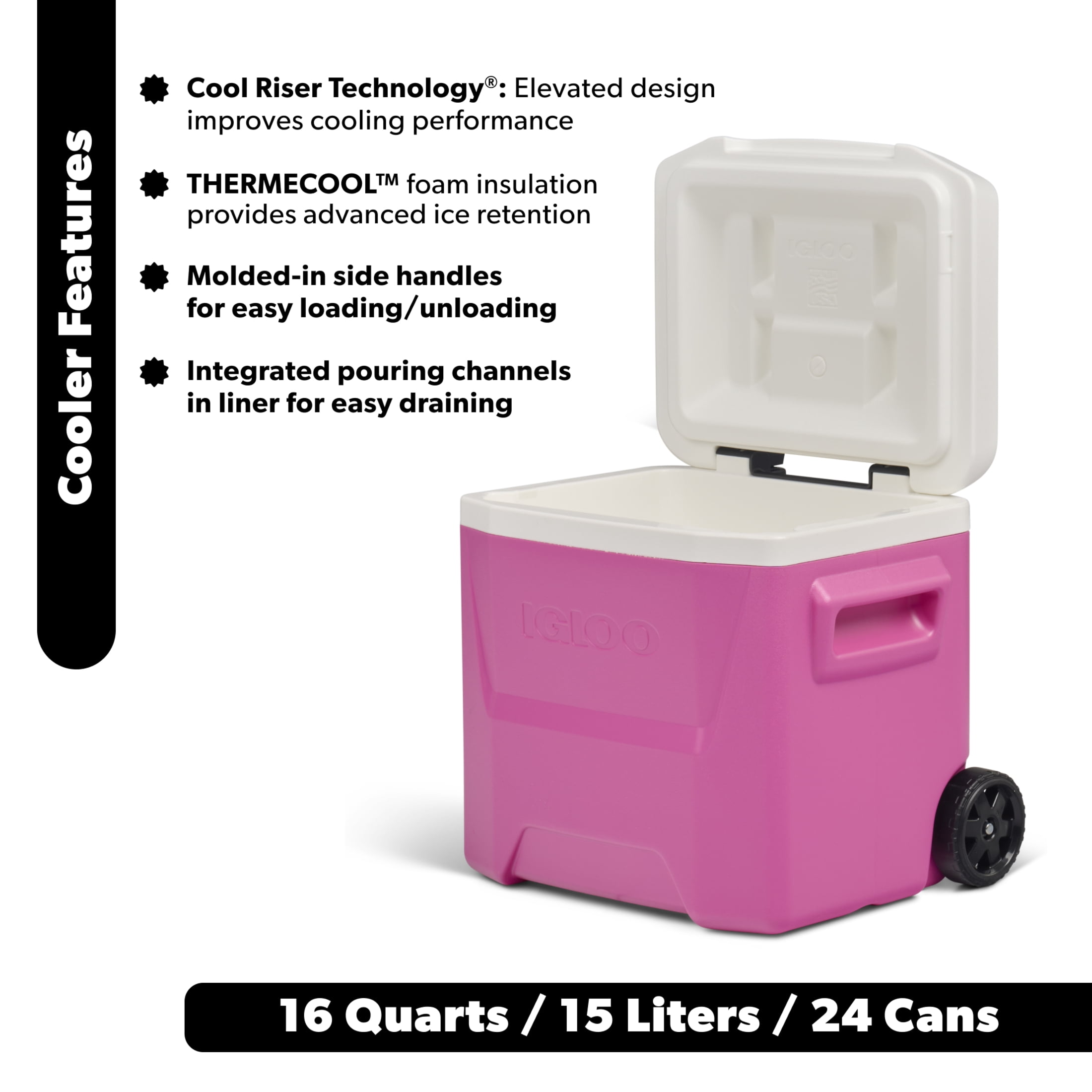 Igloo 16 QT Laguna Hard Side Ice Chest Cooler with Wheels, Pink