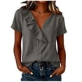 thumbnail image 2 of Xdegoge Cotton Linen Tops for Women Ruffle V Neck Short Sleeve Casual Summer T Shirts Loose Fit Elegant Dressy Work Basic Flowy Tunic Vacation Tees, 2 of 6