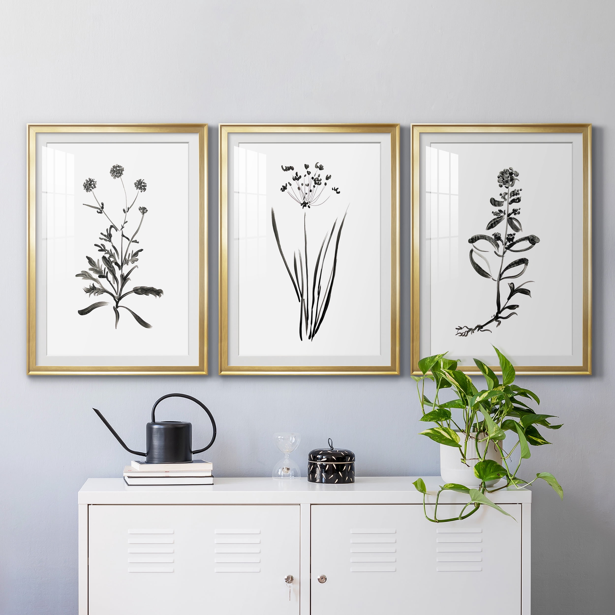 Inky Botanical I Premium Framed Prints Set of 3 - Ready to Hang - 26.5 x 36.5 Each - Gold Frame
