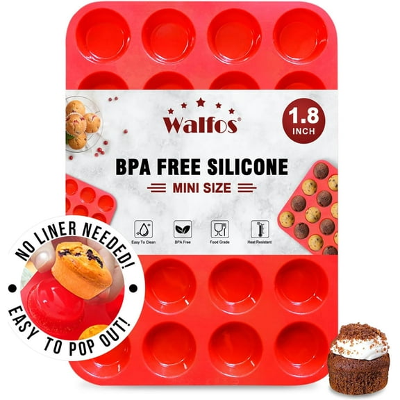 Walfos Mini Silicone Muffin Pan - 24 Cups, BPA Free and Dishwasher Safe, Non-stick Silicone Cupcake Baking Pan, Great for Making Muffin Cakes, Tart, Bread