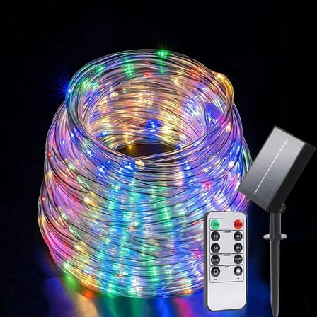 66FT 200 LED 4-Color Solar Rope Lights - Multicolor Outdoor String Lights with Remote & 8 Modes, Waterproof Tube for Garden, Patio, Party