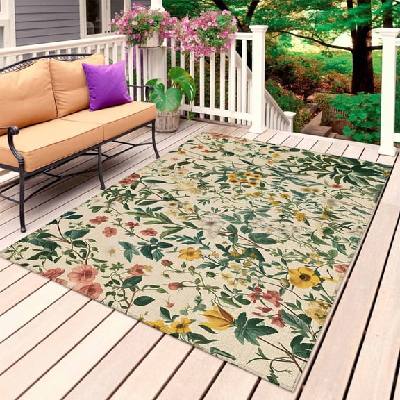 Green Botanical Outdoor Rug for Patio/Deck/Porch, Non-Slip Large Area Rug 6 x 9 Ft, Vintage Plant Flowers Garden Leaf Motifs Indoor Outdoor Rugs Washable Area Rugs, Camping Rug Carpet Runner