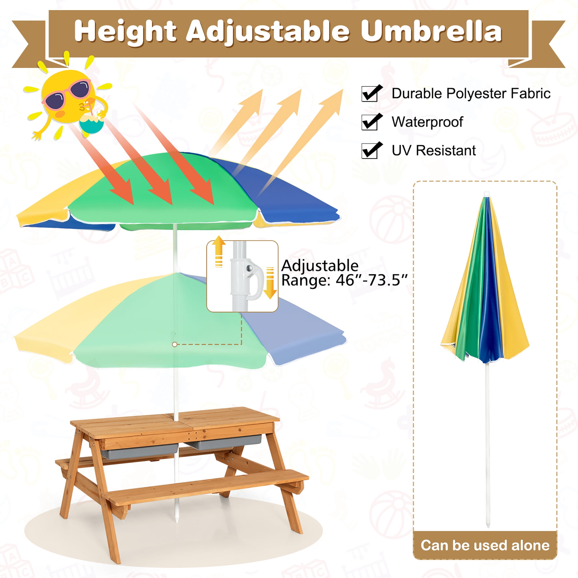 Costway 3-in-1 Kids Picnic Table Wooden Outdoor Sand & Water Table with Umbrella Play Boxes Green