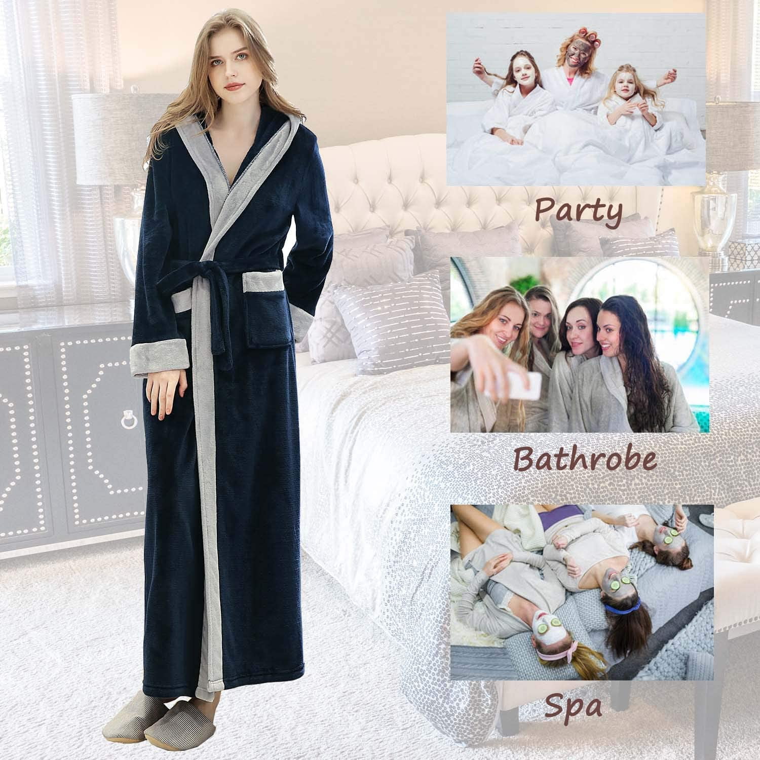 Peignoir En Polaire Pour Femmes Avec Taille Élastique Long Chaud Robe De Bain Unie