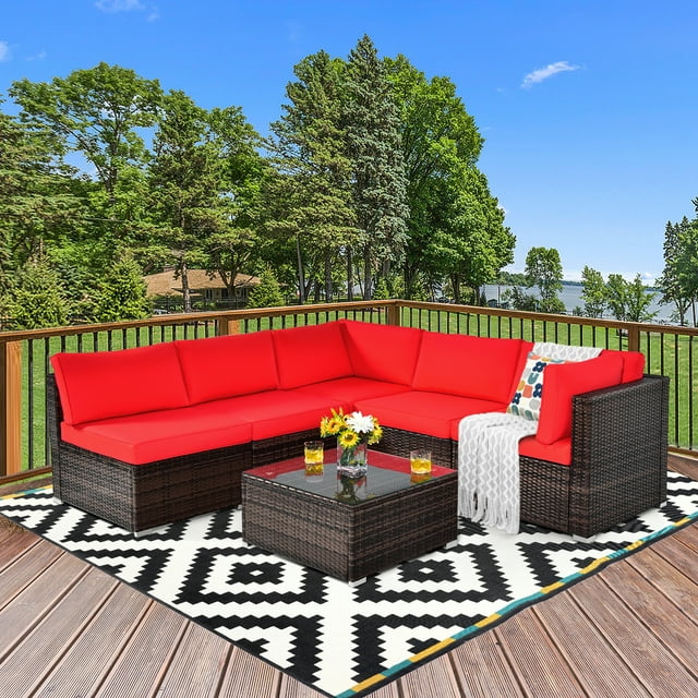 Gymax Ensemble de Canapé Sectionnel d'Extérieur en Rotin 6 Pcs, Ensemble de Mobilier de Patio avec Coussins Rouges