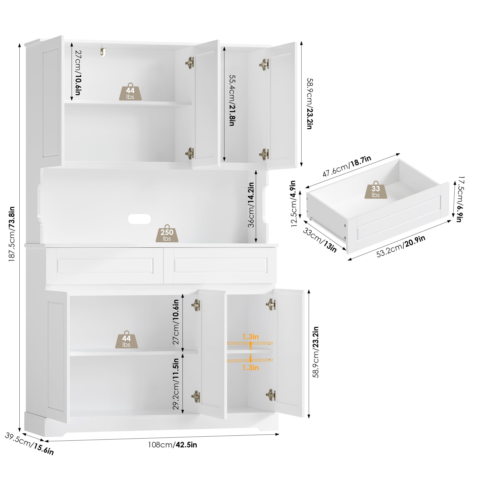 Homfa 73.8”H Pantry Cabinet with 6 Doors and 2 Drawers, Microwave Stand Storage Cabinet with Grooved Handles and Adjustable Shelf for Kitchen Dining Room, White