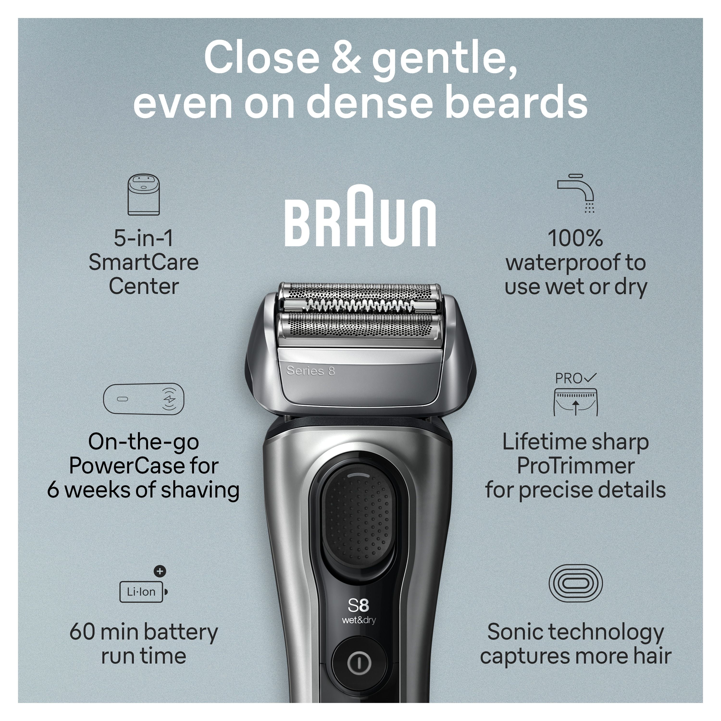 Rasoir électrique Braun Series 8, 4+1 éléments & tondeuse de précision pour poils longs, centre SmartCare 5 en 1, de près & en douceur même sur les barbes denses, étui pour chargement mobile, peau sèc