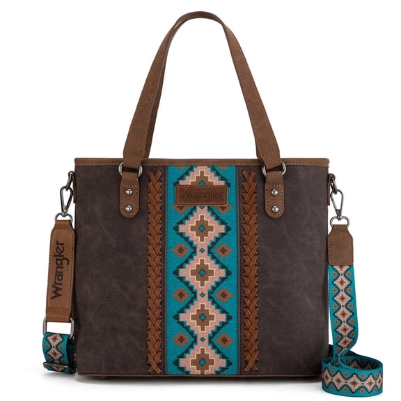 Wrangler Weatern Tote Bag for Women Medium Sized Aztec Handbags with Crossbody Strap, Coffee-turquoise