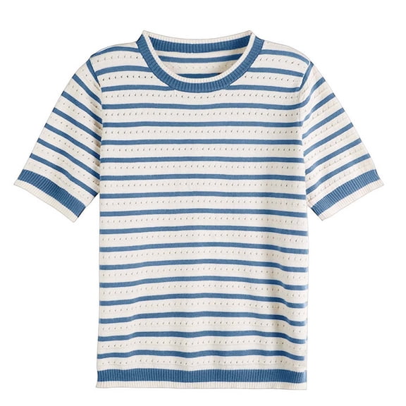 BUIGTTKLOP Cotton Sweaters for Women Short Sleeve Knit Tops Hollow out Crewneck Pullover Top