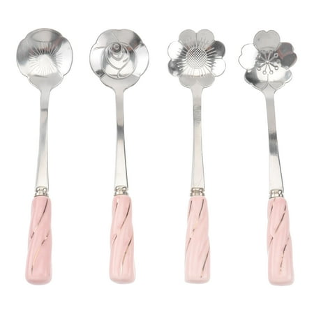 

4pcs Stainless Steel Ceramic Handle Spoons Coffee Stirring Spoons Delicate Flower Dessert Scoop (Pink)