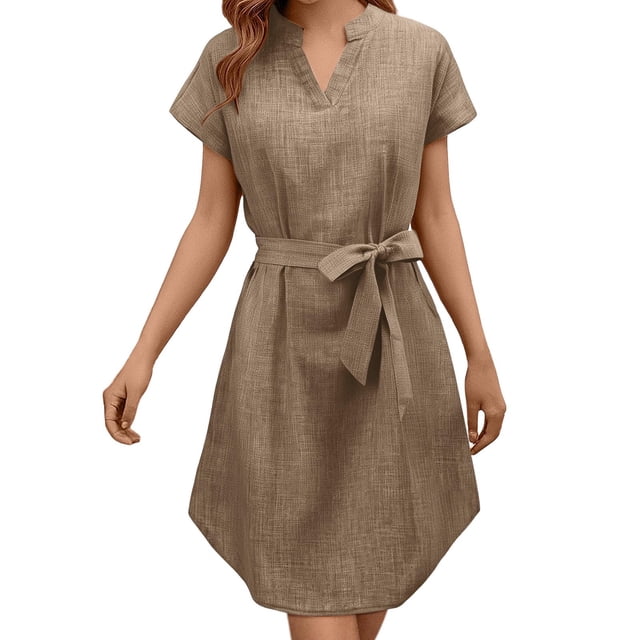 Robe Décontractée Unie à Manches Courtes Col en V pour Femmes - Coupe Ample pour Usage Quotidien