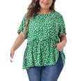 thumbnail image 1 of Blusa de mujer plus size Agnes Orinda con estampado de lunares, cuello redondo, manga corta y peplum, talla 1X, color verde oscuro, 1 of 6