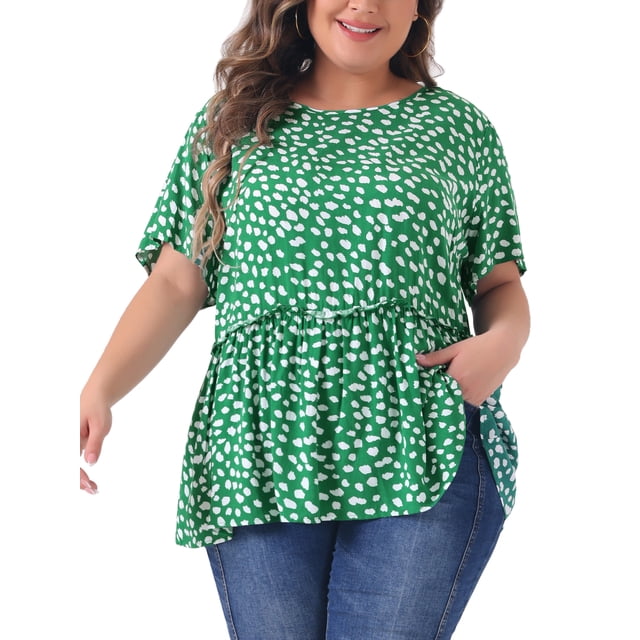 Blusa de mujer plus size Agnes Orinda con estampado de lunares, cuello redondo, manga corta y peplum, talla 1X, color verde oscuro