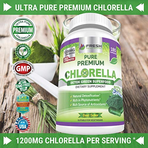 Premium Chlorella Supplement by Fresh Healthcare, 1200mg Pure Vegan Powder Capsules, 180 Chlorophyll and CFG Pills, Natural Detox Superfood, Naturally ...