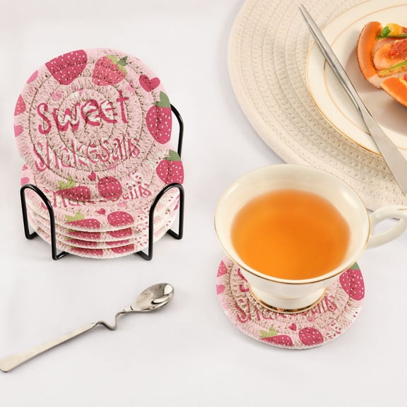 BZSMCE 6Pcs Drink Coasters With Holder 3.94Inch Strawberry Pattern Creative Coil Coaster Coasters Colors Absorbent Coasters for Drinks Coasters Set Thicken Heat for Home Table
