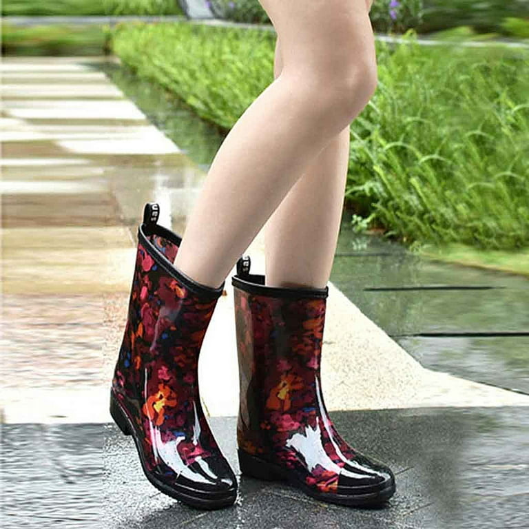 Rain Boots for Women Floral Print Mid Boots Waterproof Rubber Boots Short  Garden Shoes
