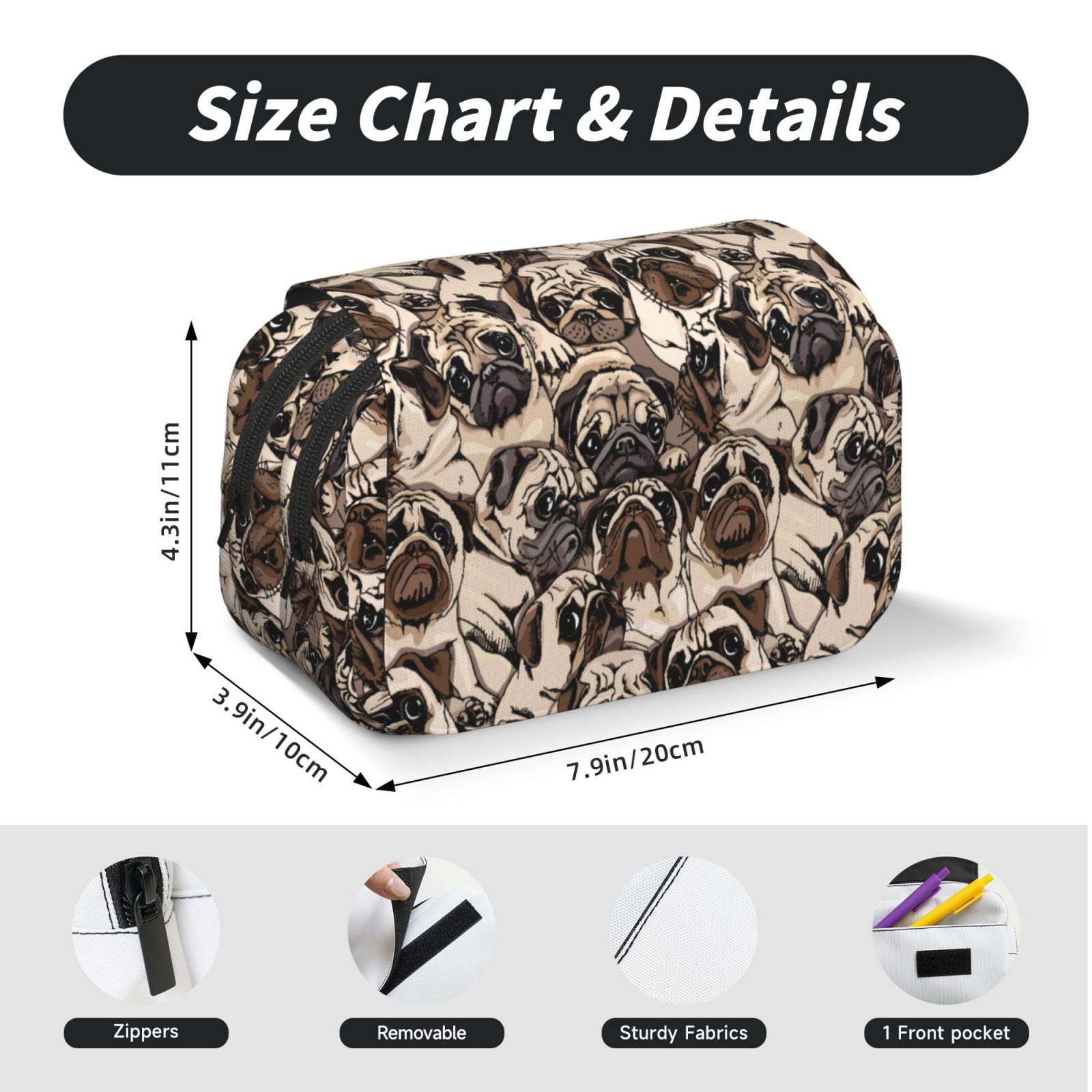 Rateoe Pug Pattern Double Clamshell Pen Case, Storage Organizer with Two Zipper Compartments– Holds Up to 50 Pencils & Pens