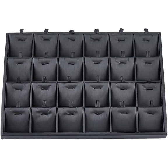 24-Slot Rectangle PU Leather Pendant Display Holder Jewelry Organizer Tray for Pendant Storage Black 35x24x3cm