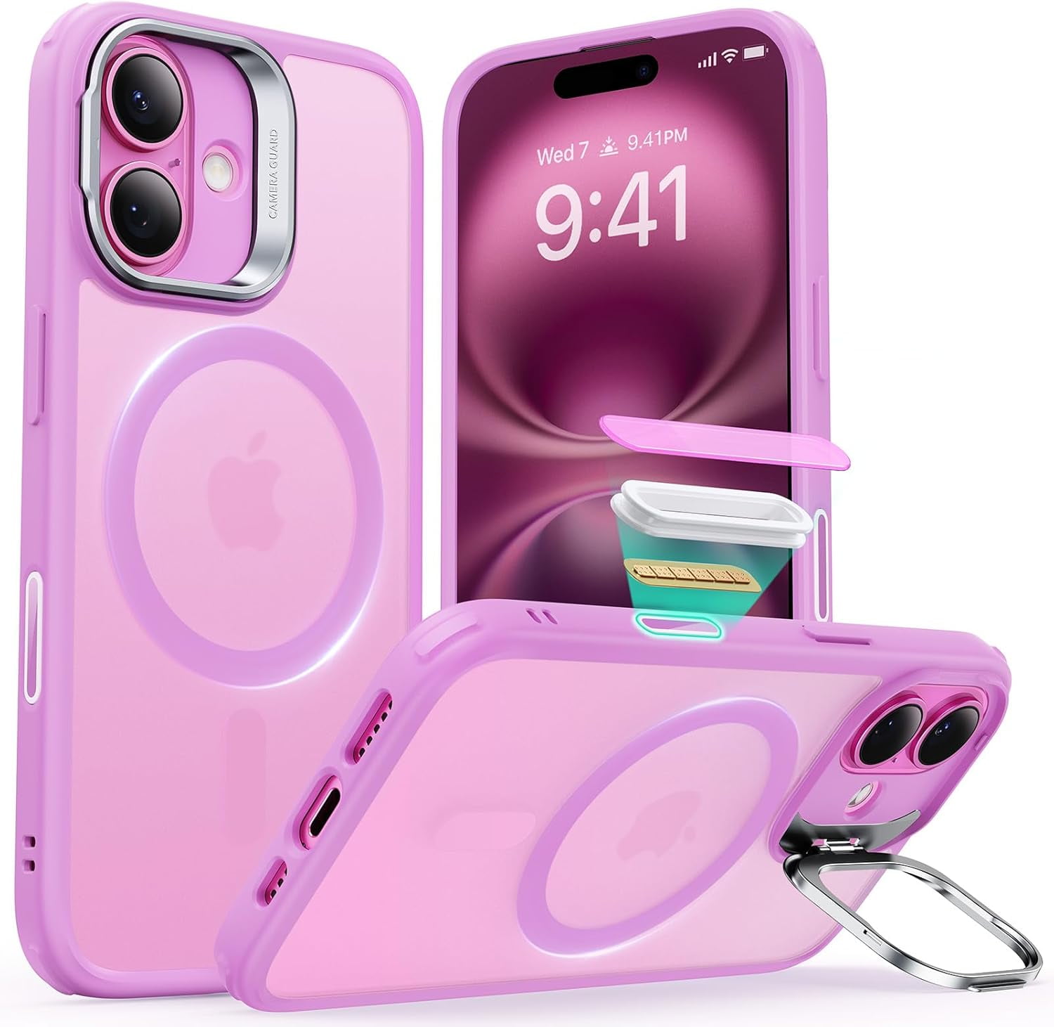 RGHJAR-ESR for iPhone 16 Case, Compatible with MagSafe, Military-Grade Protective Case, Built-in Stash Stand Phone Case, Scratch-Resistant Back Cover, Classic Series, Frosted Pink