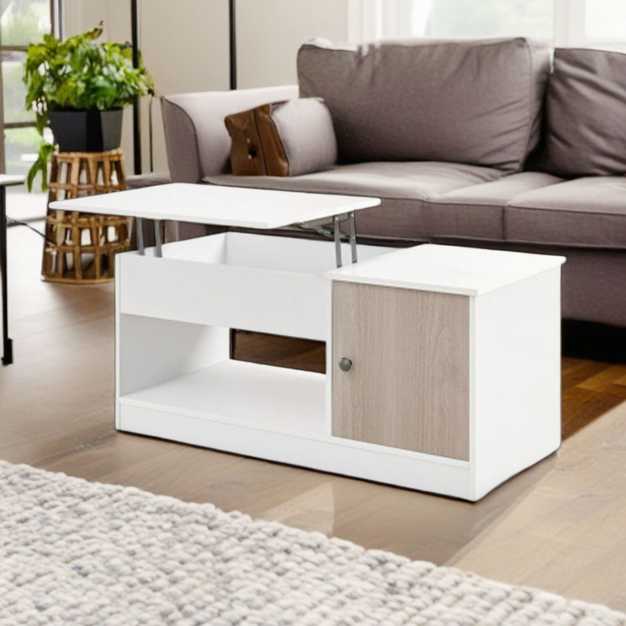 Demi Bonn Lift Top Coffee Table, Modern Coffee Table with Lift Tabletop and Storage Compartments, for Living Room, Reception Room, Office, White