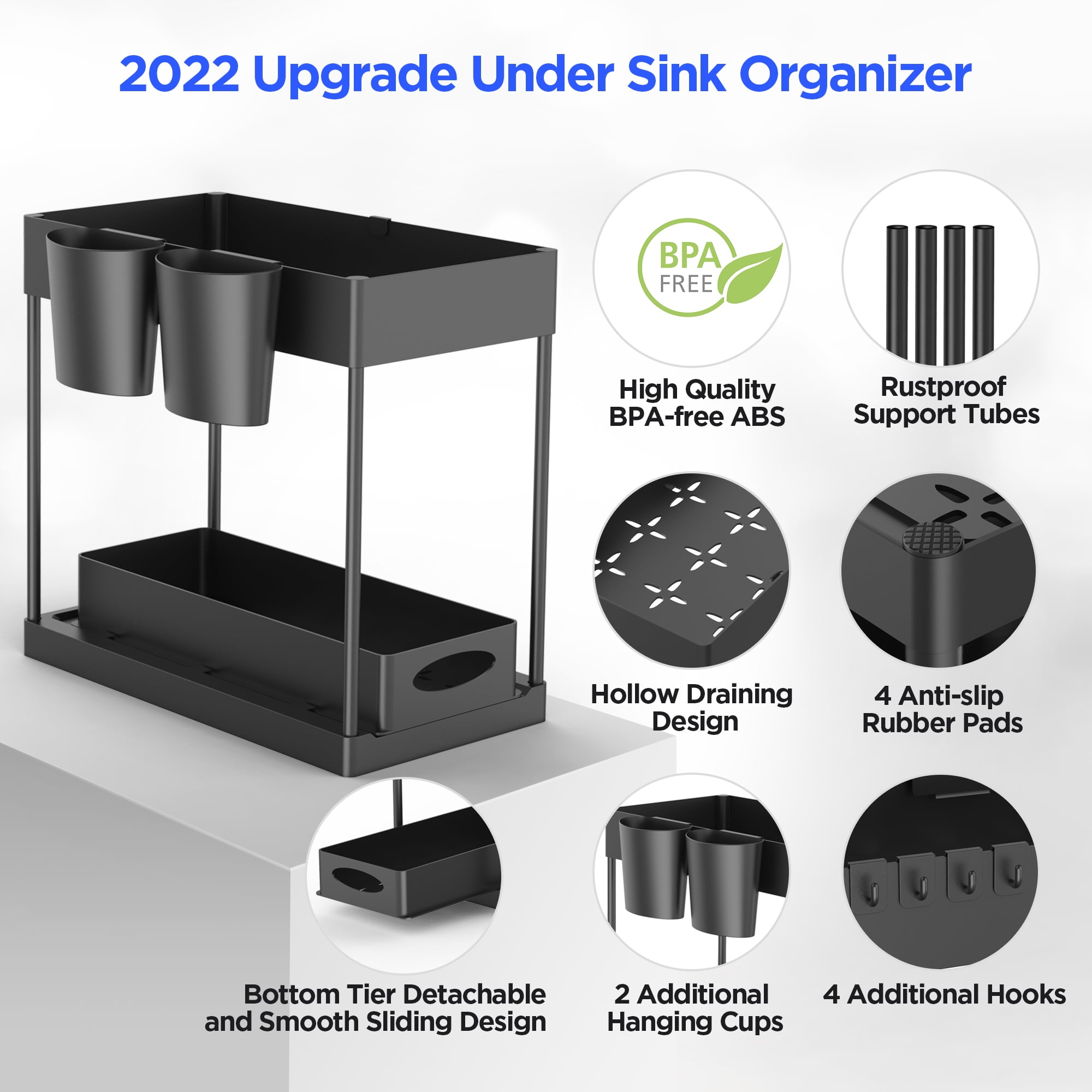 Under Sink Organizer, 2 Tier Sliding Cabinet Basket Organizer Drawer with 4 Hooks, 2 Hanging Cups, Basket Hollow Design, Multi-Purpose for Bathroom Kitchen Under Bathroom Sink Organizer - Black