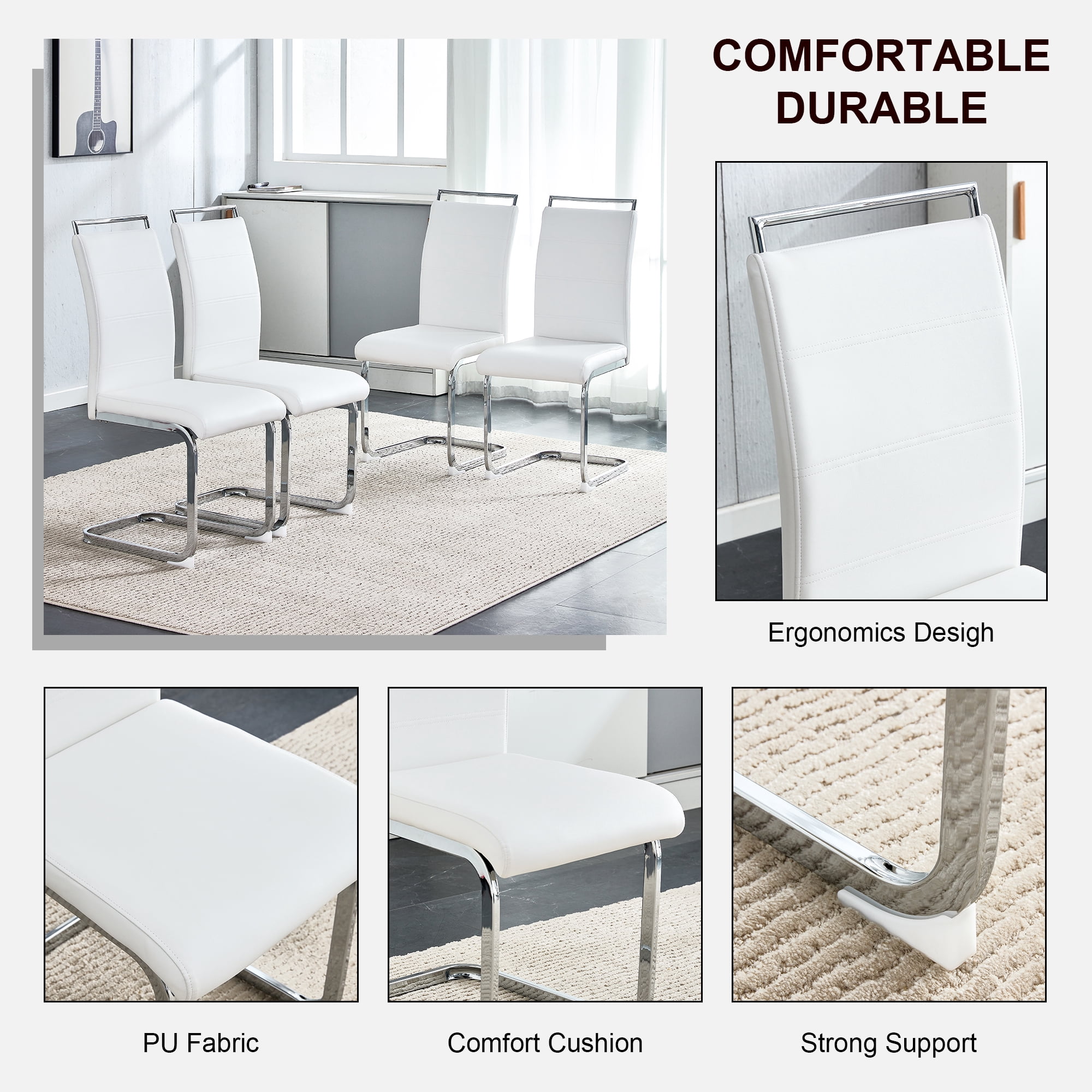 NYEESS Set of 4 White PU Dining Chairs, Chrome Base High Back Modern Chairs for Kitchen Room