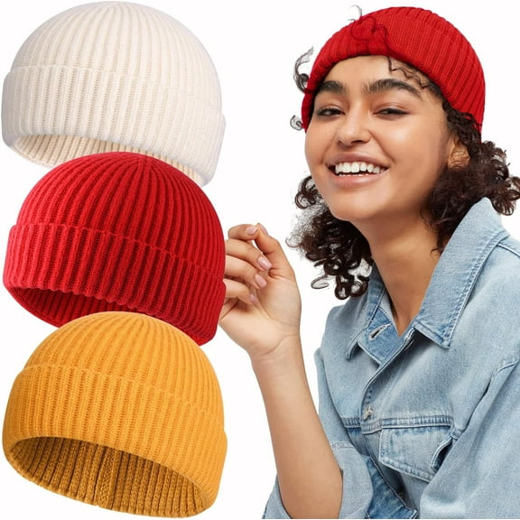 Wool Knit Cuff Short Fisherman Beanie for Men Women, Winter Warm Beanie Hats