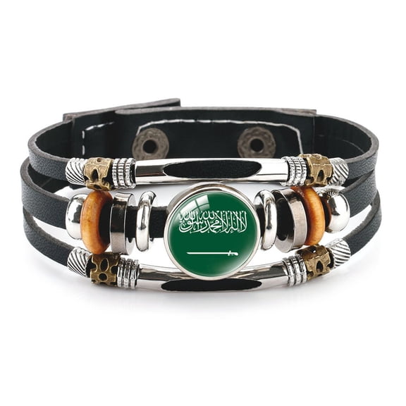 Uijokdef Country Flag Leather Bracelet, Multi-Layer Black Cowhide Design, 7.87 Inches
