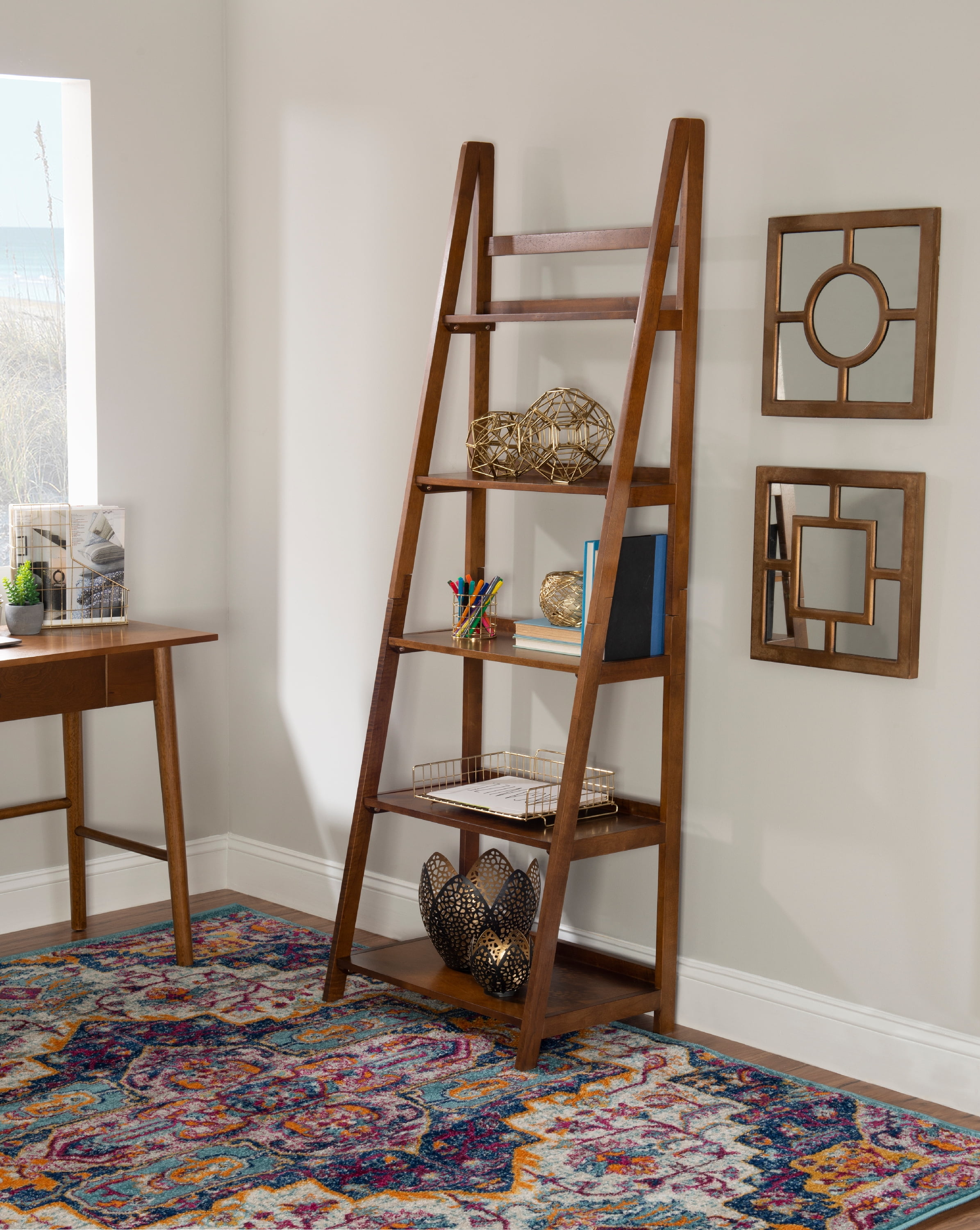 Linon Ashville 5-Shelf Ladder Bookcase, Walnut