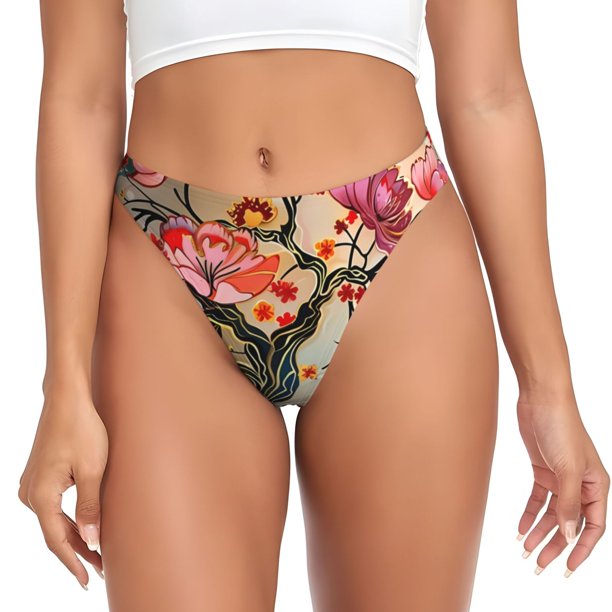 Balery Butterflies And Flowers Painting Tangas de Algodón para Mujer con Estampado – Ropa Interior Sexy, Transpirable, G-string-Small