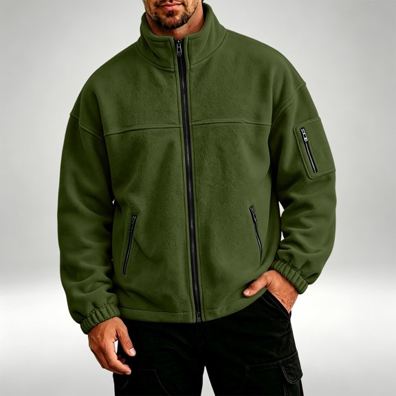 Men's Full Zip Fleece Jacket Lightweight Warm Fuzzy Stand Collar Casual Outerwear with Pockets Army Green L