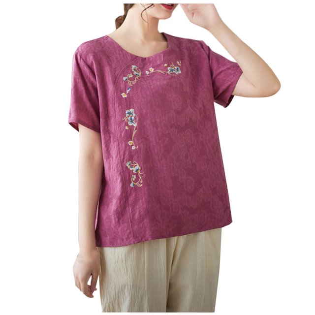Camisas de Manga Corta para las Mujeres Blusas de Cuello Redondo con Botones Casuales, Camisa de Verano de Moda para Diarios Y Fiestas
