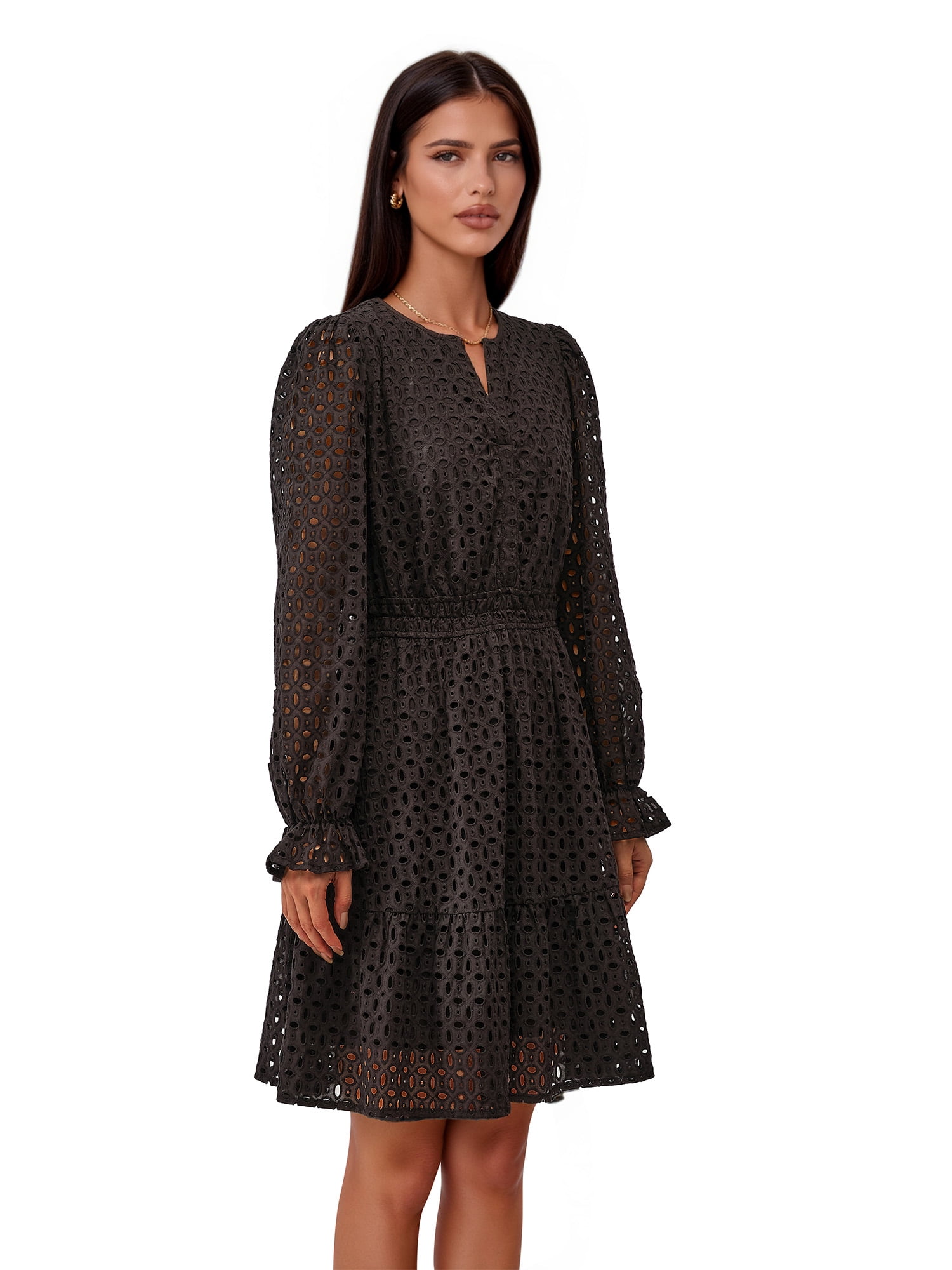 PRETTYGARDEN Women's Long Sleeve Eyelet Mini Dress, Sizes S-XXL