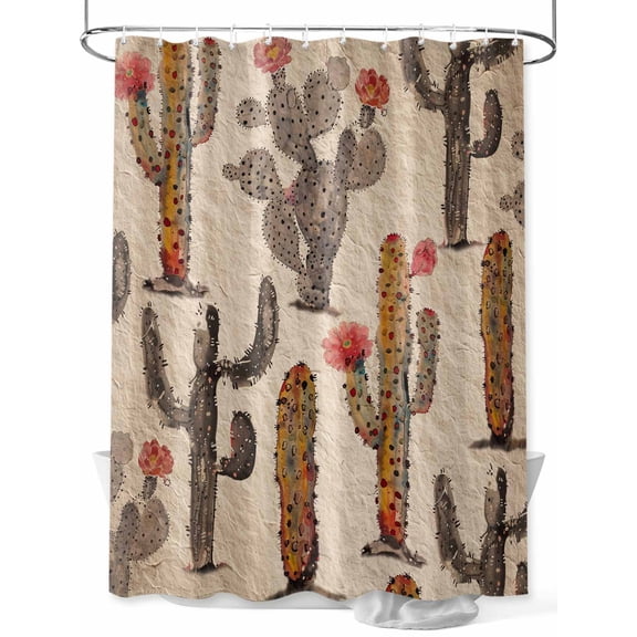 Vintage Cactus Extra Long Shower Curtain Set, Waterproof Shower Curtains for Bathroom, Farmhouse Retro Brown Summer Botanical Washable Fabric Cloth Bath Curtain for Bathtub with Hooks 72x96 Inches