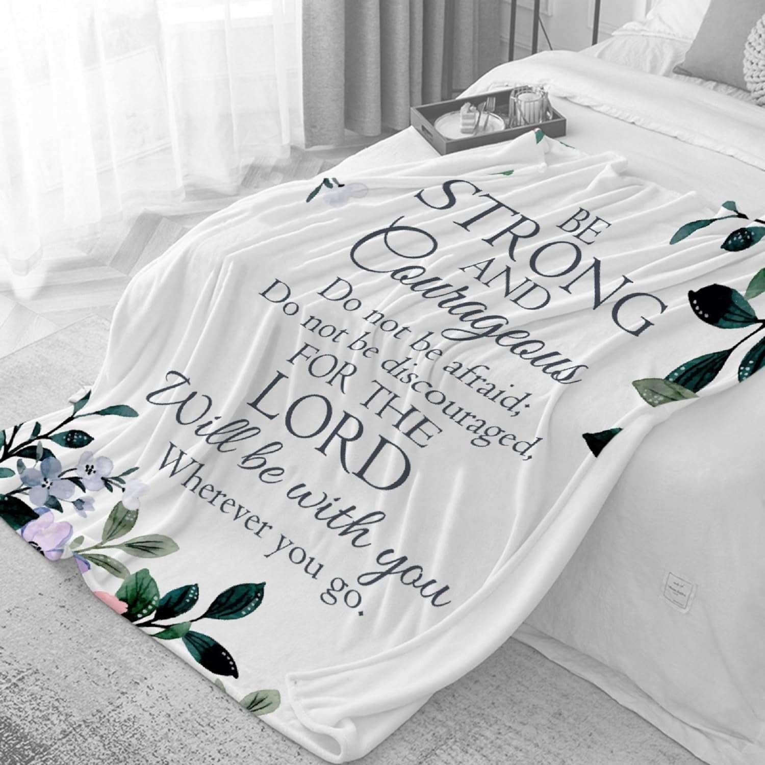 Prayer Blanket Throw with Scripture Bible Verse- Be Strong and Courageous Joshua 1:9, Religious Gift for Women Men Christian Spiritual Healing Blanket Home Bed Couch Teen Size 50"x60" Flower