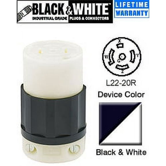 Leviton 2523 20 Amp, 277/480 Volt 3PY, NEMA L22-20R, 4P, 5W, Locking Connector, Industrial Grade, Grounding - Black-White
