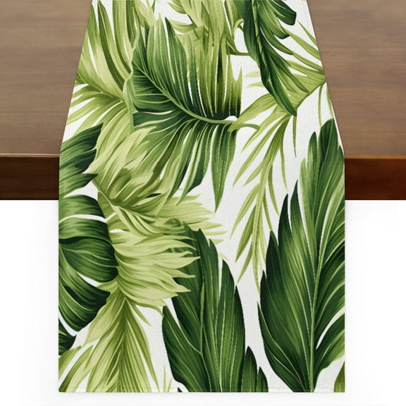 Qzaxky table runner Green Leaves Palm 13 x 36 Inch, Spring Summer Table Runner Green Floral Table Runner Decoration for Indoor Outdoor Home Dinner Party Wedding Decor