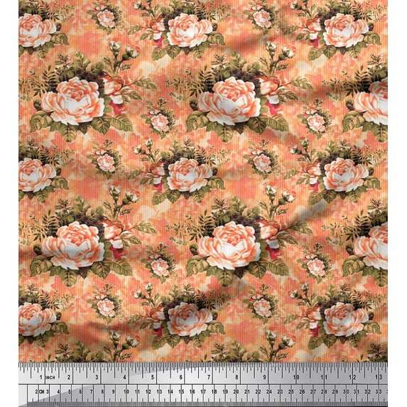 Soimoi Orange Georgette Viscose Fabric Stripe,Leaves & Begonia Floral Fabric Prints By Yard 42 Inch Wide