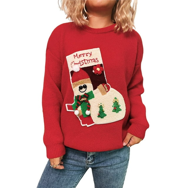 Suéteres Navideños Feos para Mujer, Suéteres Gráficos de Larga, Suéteres Casuales de Punto para Otoño e Invierno para Mujer Rojo S