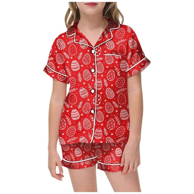MIASHUI Pyjama en Soie Boutonné pour Garçon et Fille de Pâques 2 Pcs, Rouge, 10-11 Ans