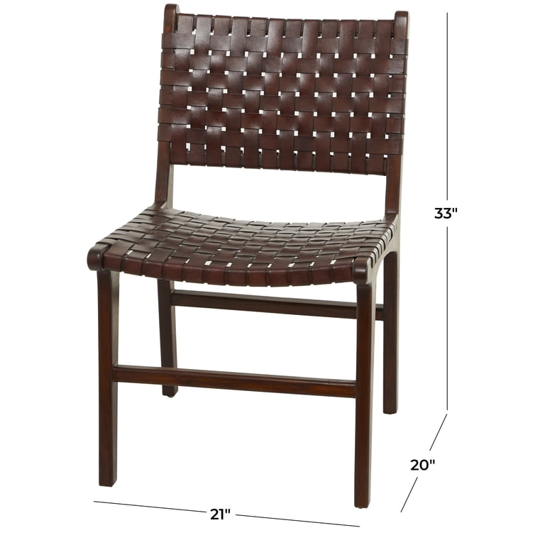 DecMode Leather Handmade Woven Dining Chair with Teak Wood Frame