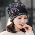 thumbnail image 3 of Autumn Winter Cap Soft Fashion Neck Warm Warmer Print Flower Beanie Velvet Bonnet Women Hat Bib Hats NAVY BLUE, 3 of 8