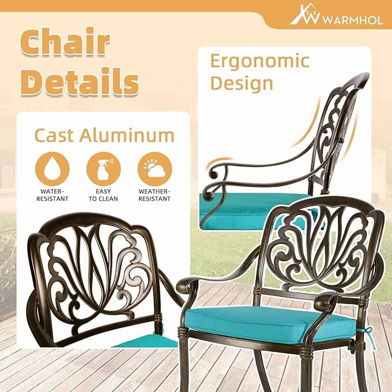 W WARMHOL 5-Piece Outdoor Patio Dining Set, All-Weather Cast Aluminum Patio Furniture Set for Backyard Garden Deck with 4 Chairs, 4 Cushions and 35.4" Round Table, 2" Umbrella Hole, Blue