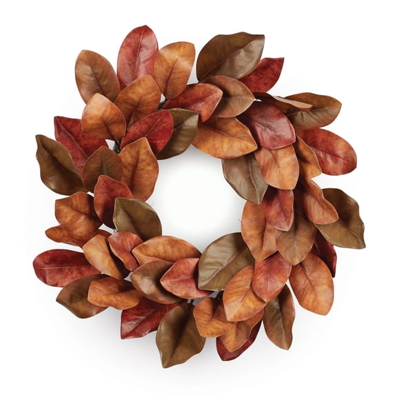 Melrose 95772DS 24 in. Plastic & Twig Magnolia Leaf Wreath, Orange, Brown & Green