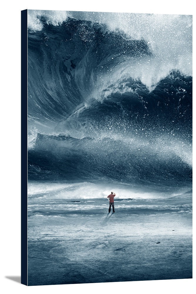 Man Standing in front of Tidal Wave Lantern Press Photography (24x36