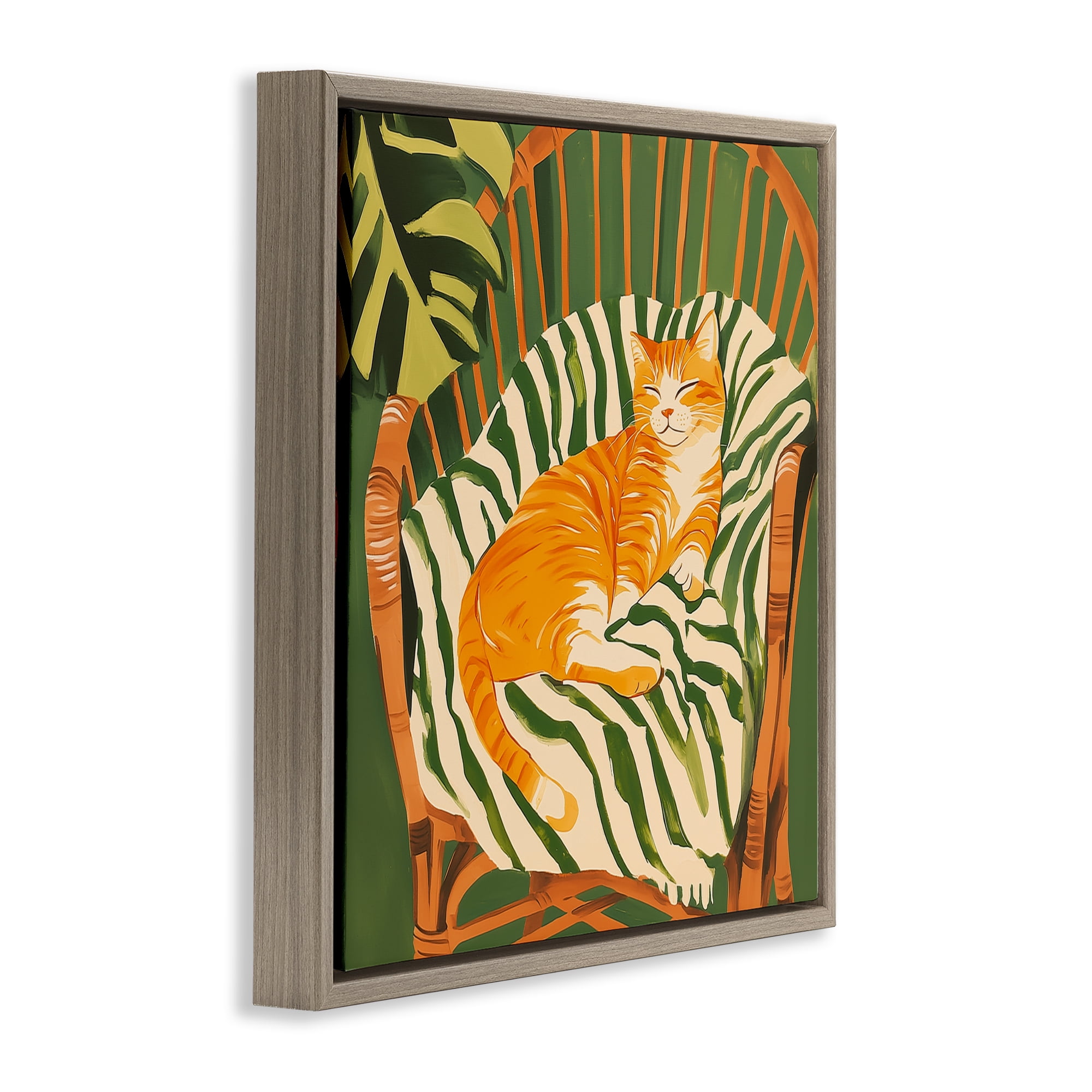 Stupell Industries Orange Cat in Rattan Chair Brown Framed Floater Canvas Wall Art, design by Walker Noble