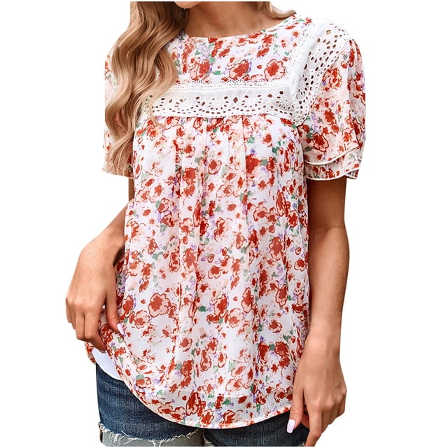 Blusa de manga corta con cuello redondo informal de primavera y verano con estampado de mujer OAVQHLG3B Store lin121212