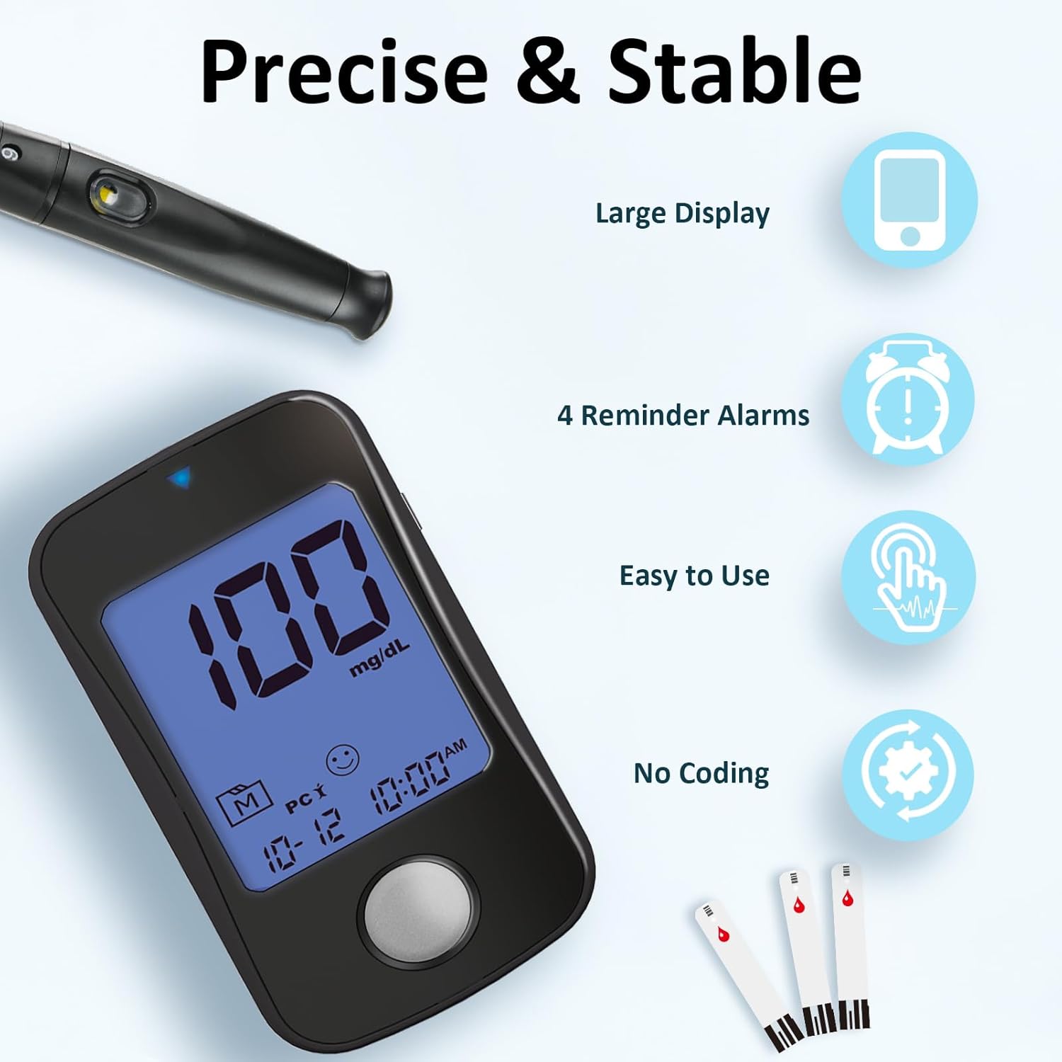 HanrayCare Blood Glucose Monitor Kit TD-4125,100 Strips,100 Lancets,No Coding Diabetes Home Test Kit