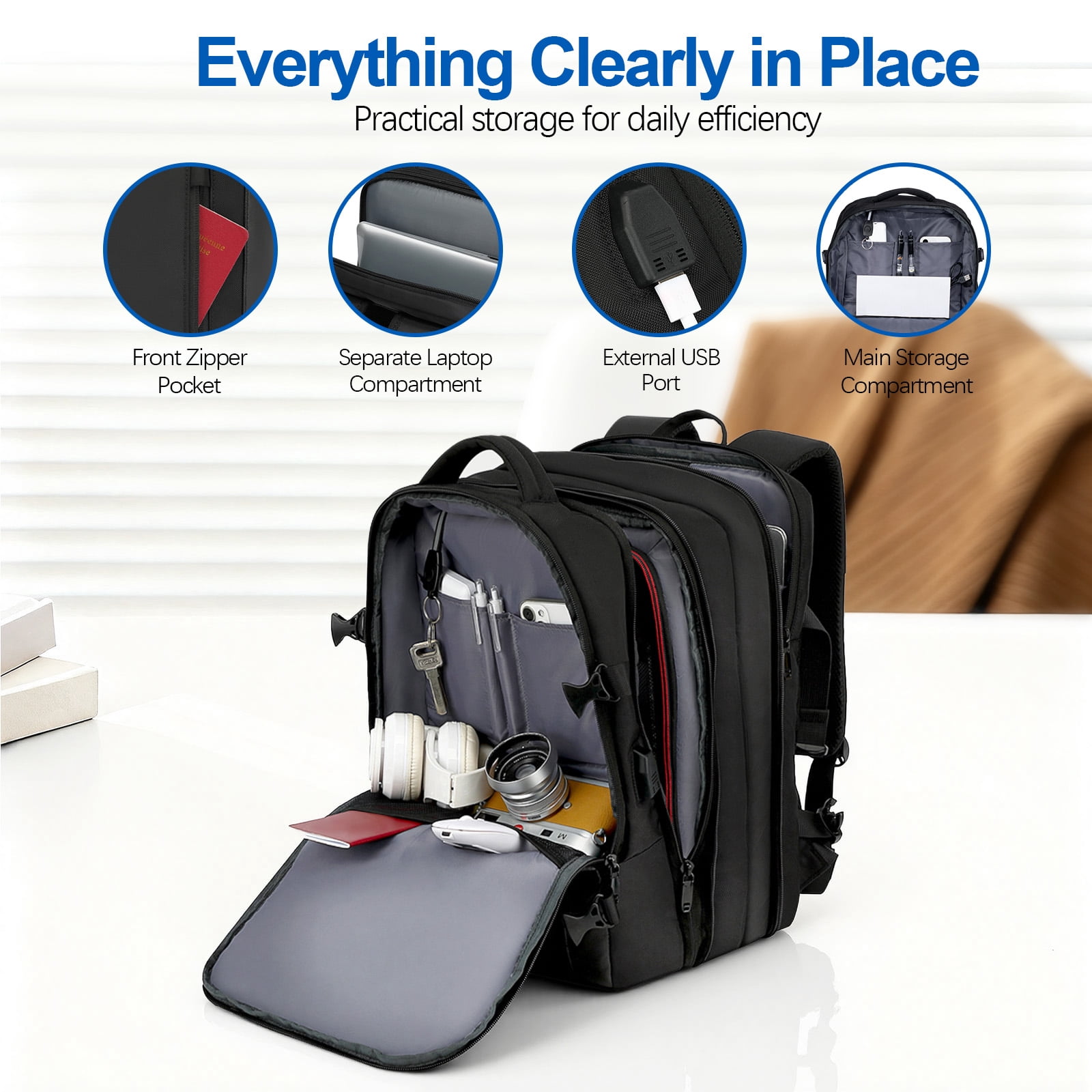 Fenbeli 45L Expandable Travel Laptop Backpack, Water-Resistant Business Backpack with USB Charging Port
