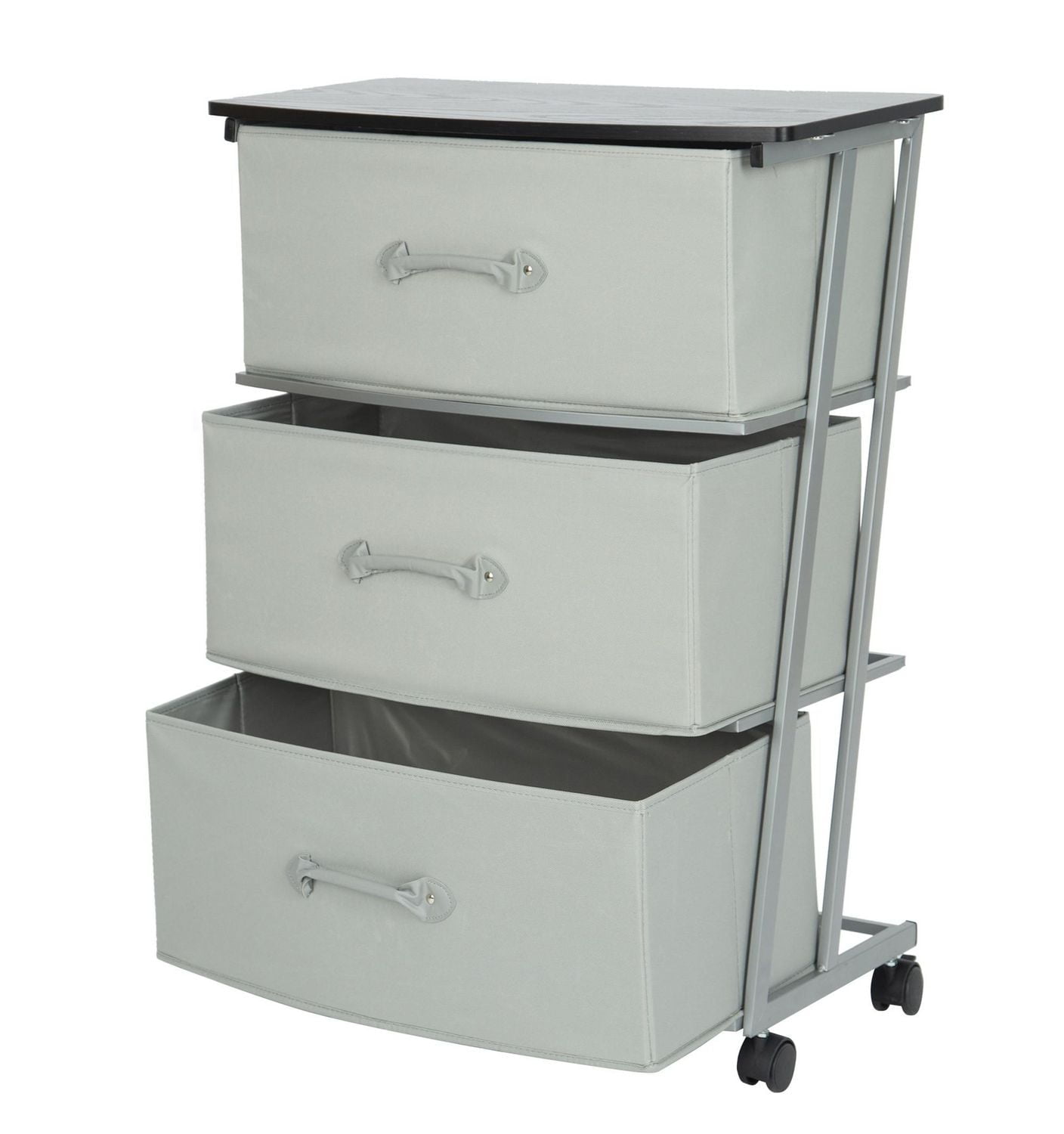 Mainstays 3 Drawer Wide Fabric Cart with Wheels for Adult,  Metal Frame for Bedroom, Closet, Entryway Etc., Size:23.3 in. W x 12 in. D x 29.8 in. H; Grey drawer with black wood top